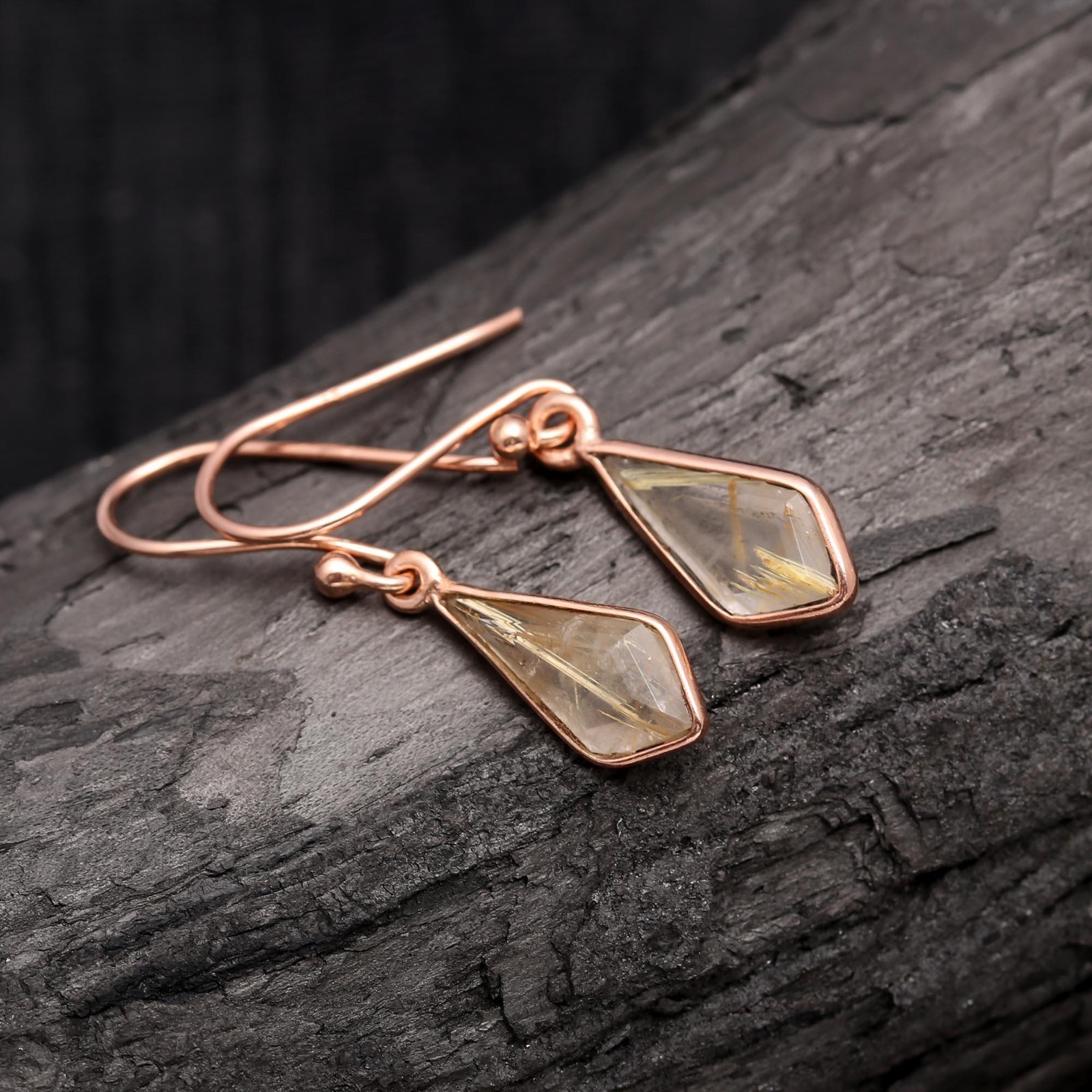 Natural Golden Rutile Kite Dangle Earrings Rose Gold Plated Solid Silver Jewelry