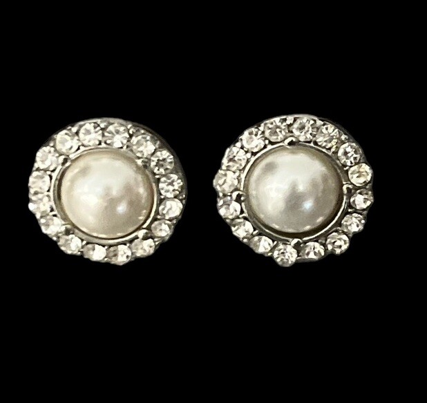 Vintage Estate Faux Pearl Clear Rhinestones Halo Earrings Wedding Formal Holiday