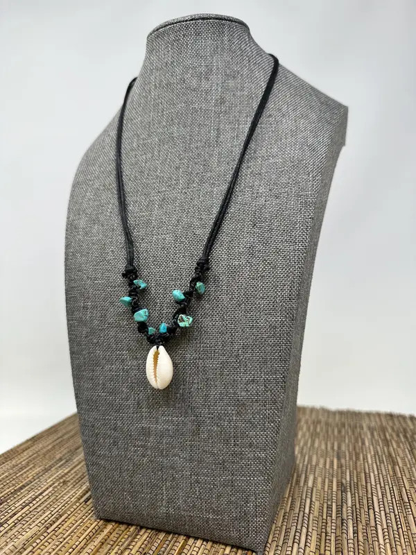 Cowrie Shell Necklace Gemstone Beads Adjustable Black Cord Boho Beach Unisex