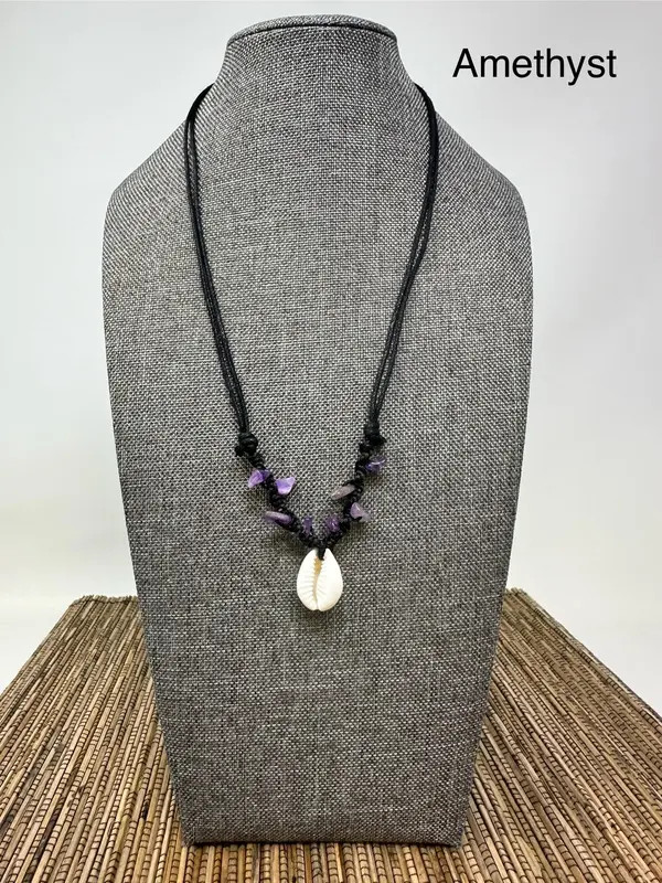 Cowrie Shell Necklace Gemstone Beads Adjustable Black Cord Boho Beach Unisex