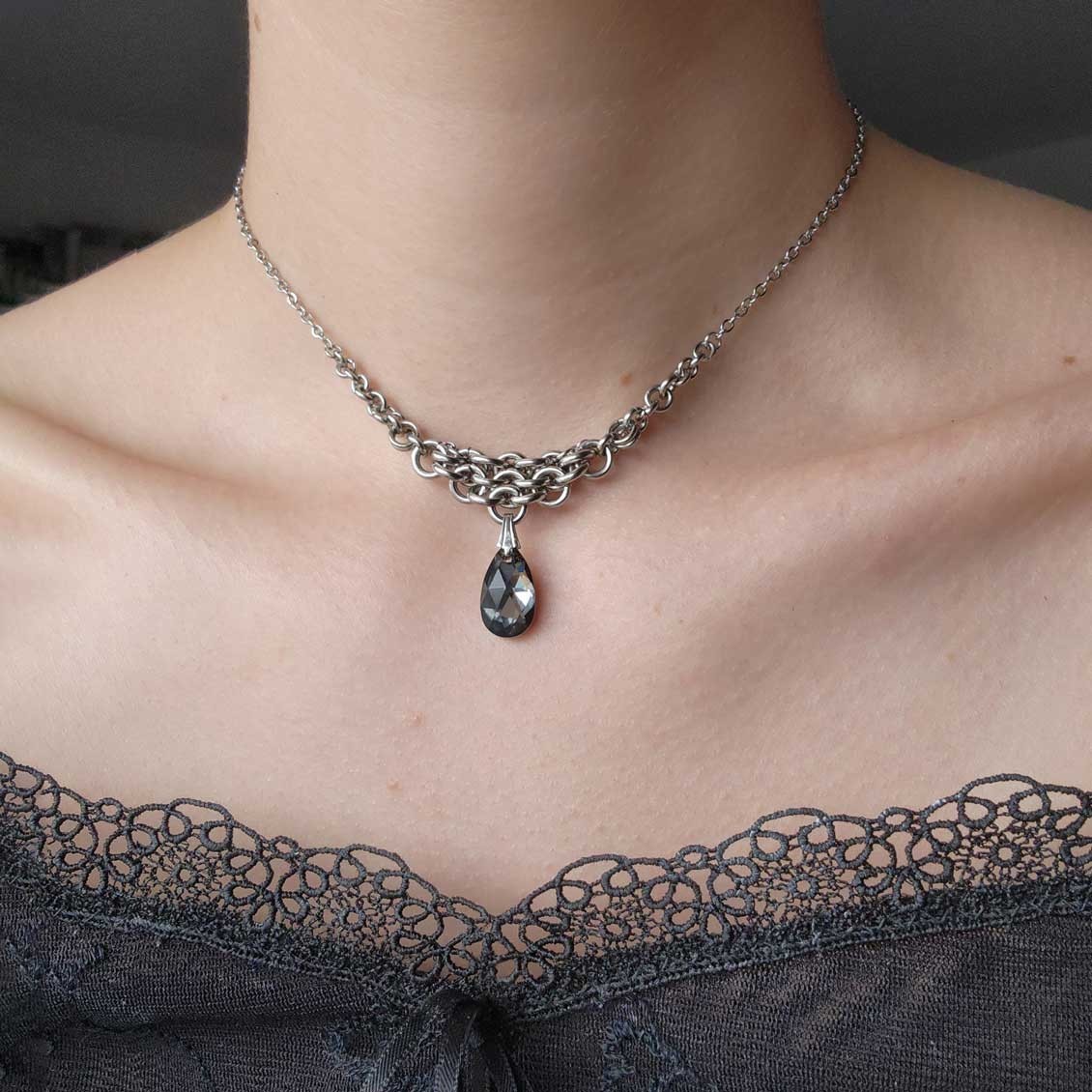 Vintage Victorian style black crystal necklace handmade with stainless steel
