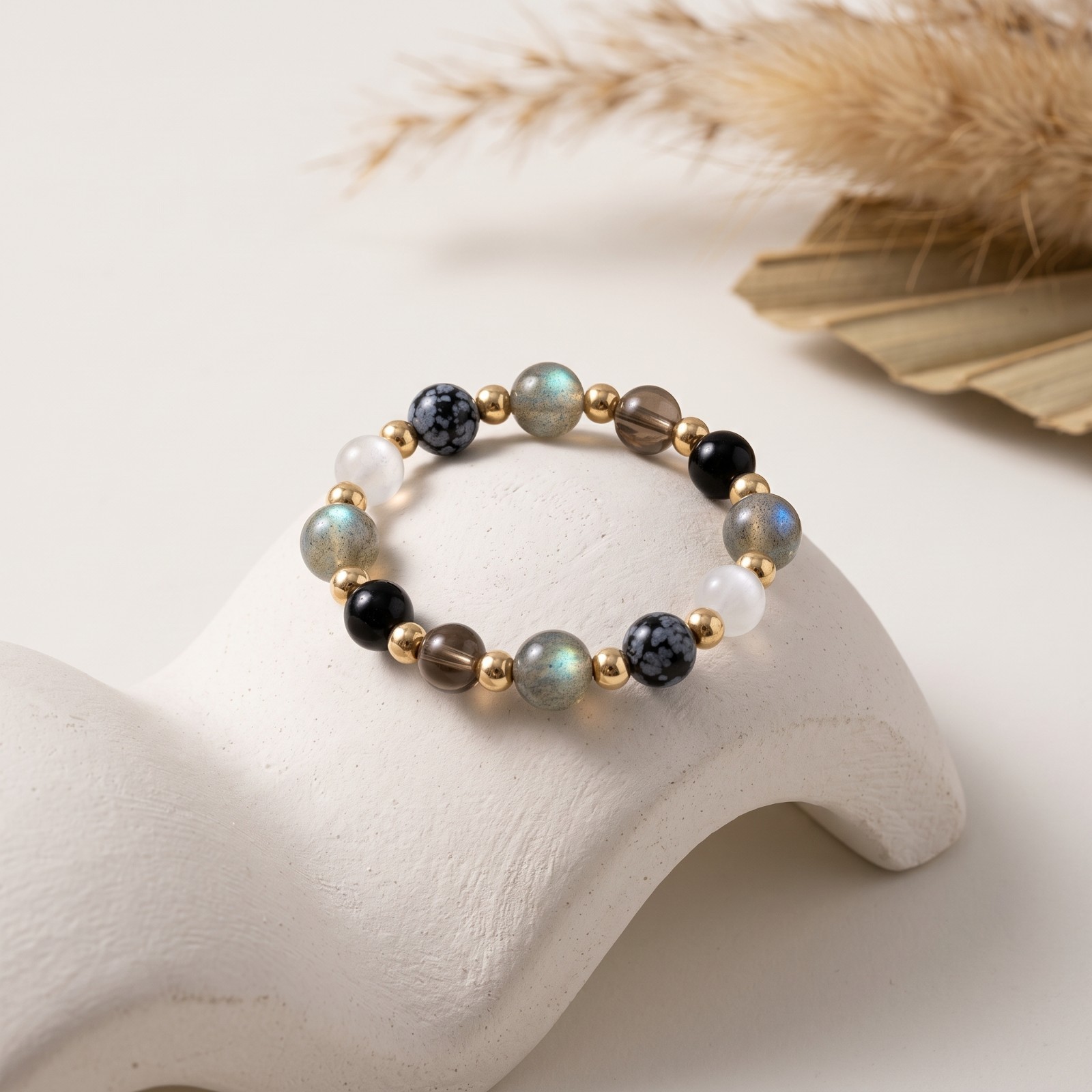 Moon Phase Beaded Stretch Ring Natural Labradorite Obsidian Selenite Tourmaline