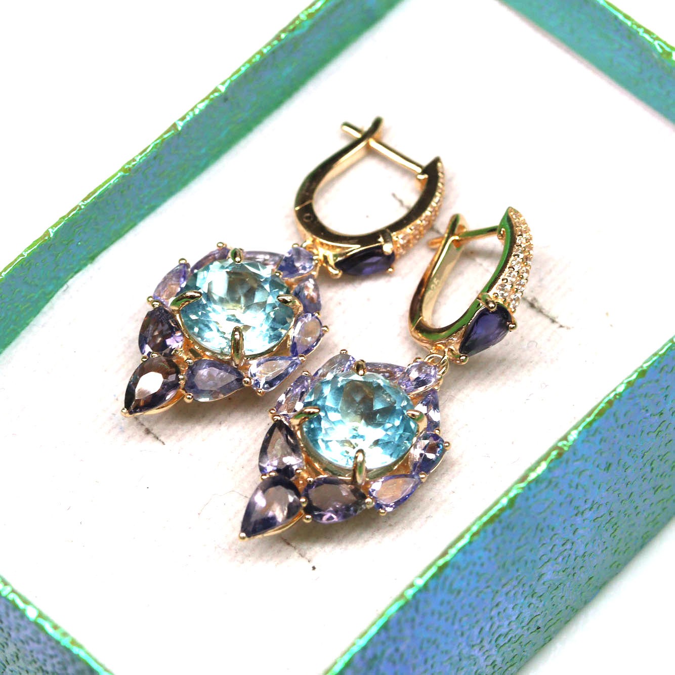 Ready to Ship 925 Silver Sky Blue Topaz Iolite Tanzanite Cubic Zirconia Earrings