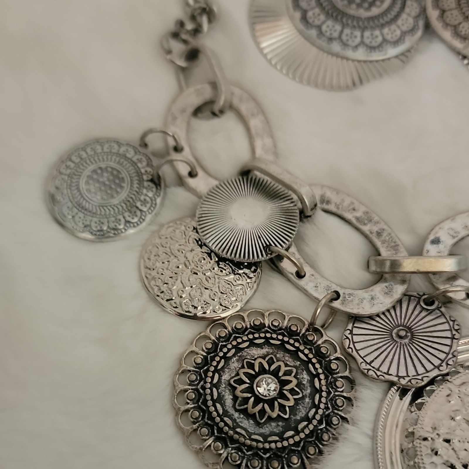 Silver Floral Medallion Embossed Charm Necklace with Matching Earrings