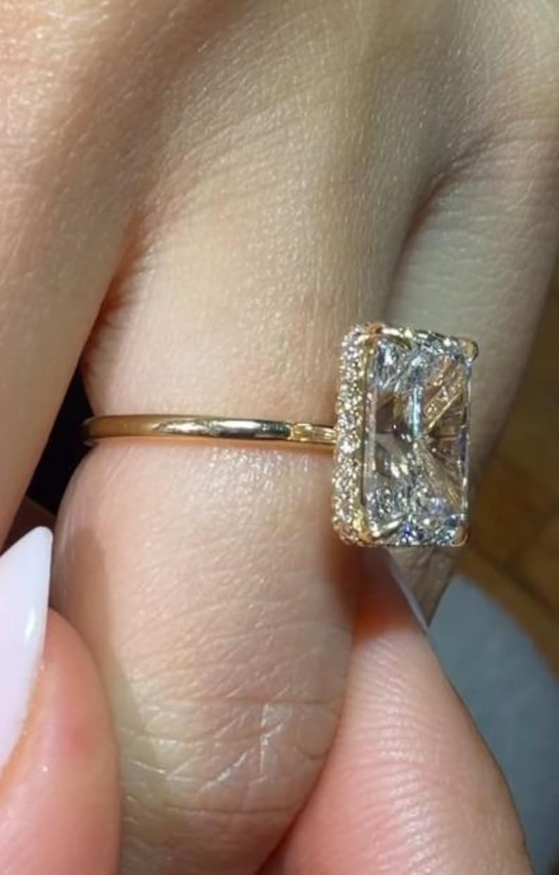 2.0 CT Radiant Cut Moissanite Prong Set 14K Gold Hidden Halo Engagement Ring