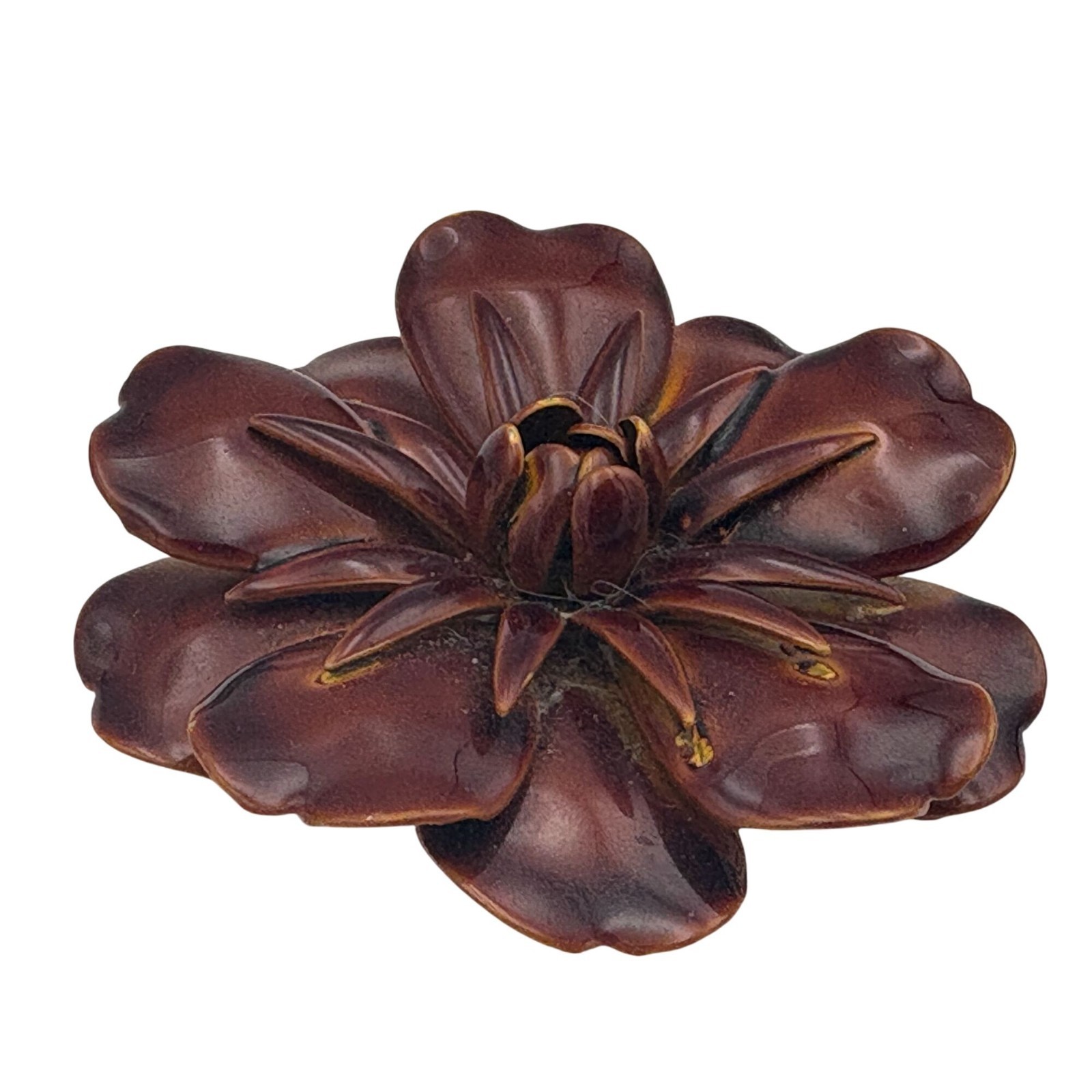 Vintage Brown Metal and Enamel 3D Floral Pin Brooch & Clip-On Earrings Set