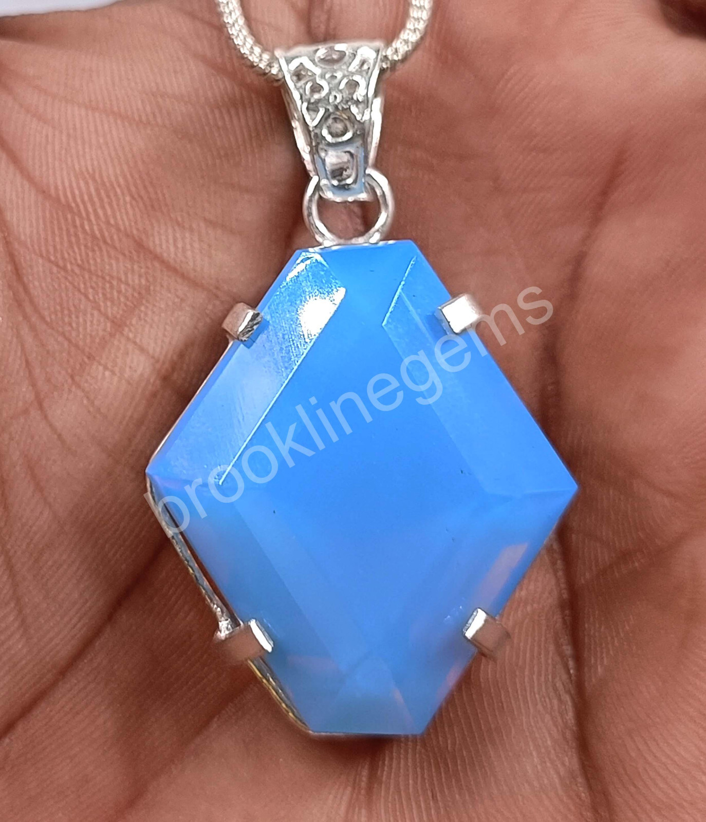 78.30 Ct Fancy Cut Natural Blue Opal EGL 925 Silver Pendant Chain Gems 5MRU