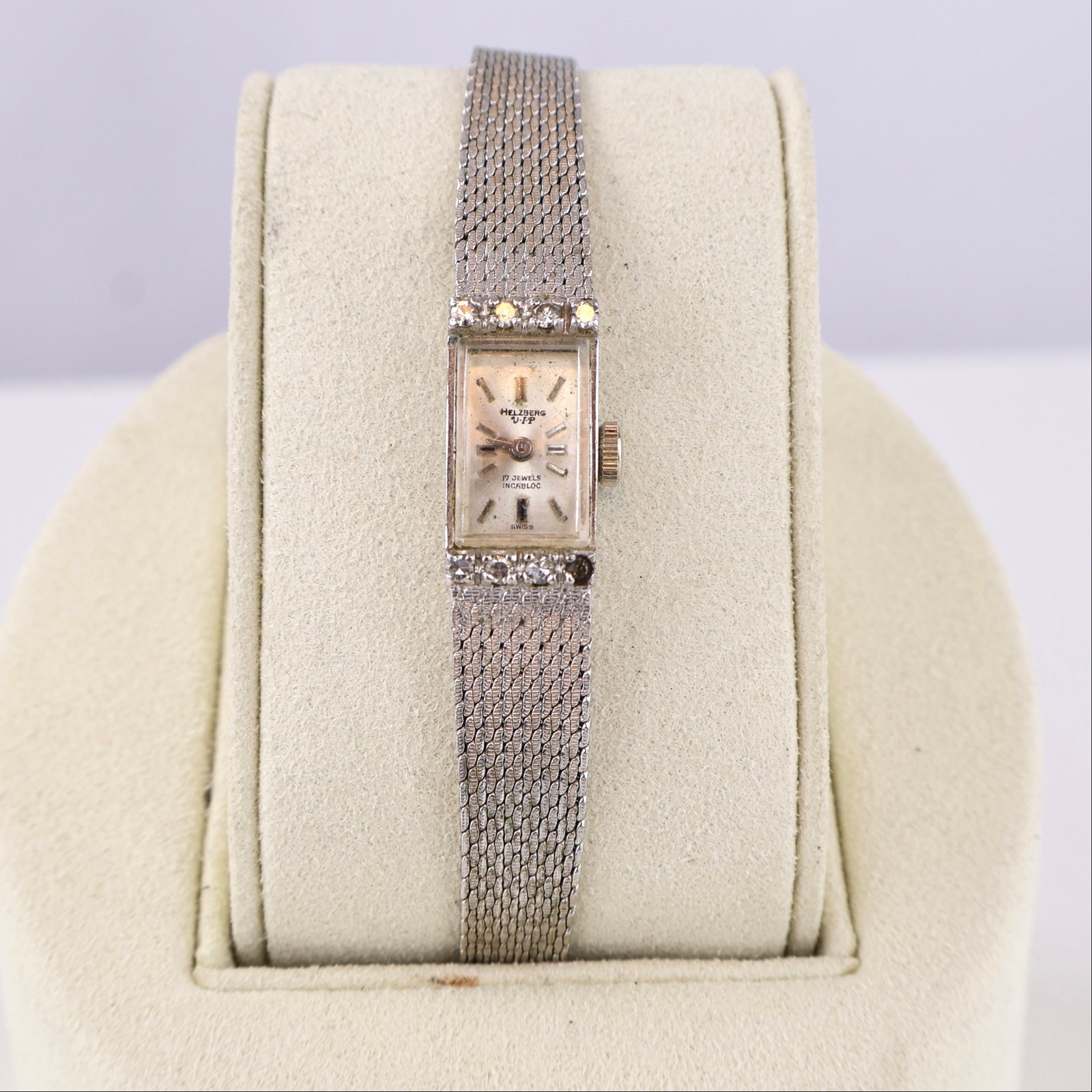 Vintage 60s Helzberg VIP 17 Jewel Swiss Watch Diamond Bezel Mesh Duchess