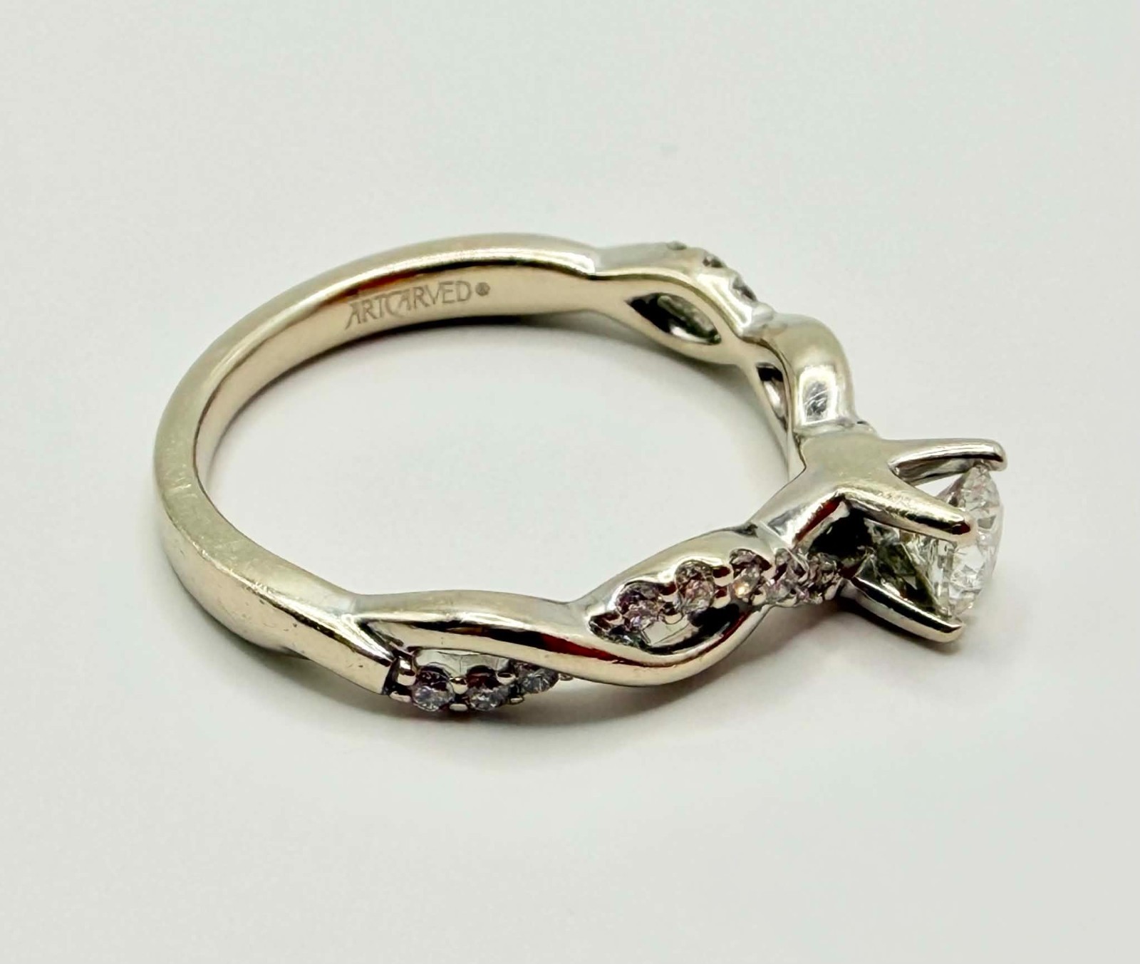Dainty 14k White Gold Twist Band Ring Approx .25ct Main NATURAL Diamond Sz 8.25
