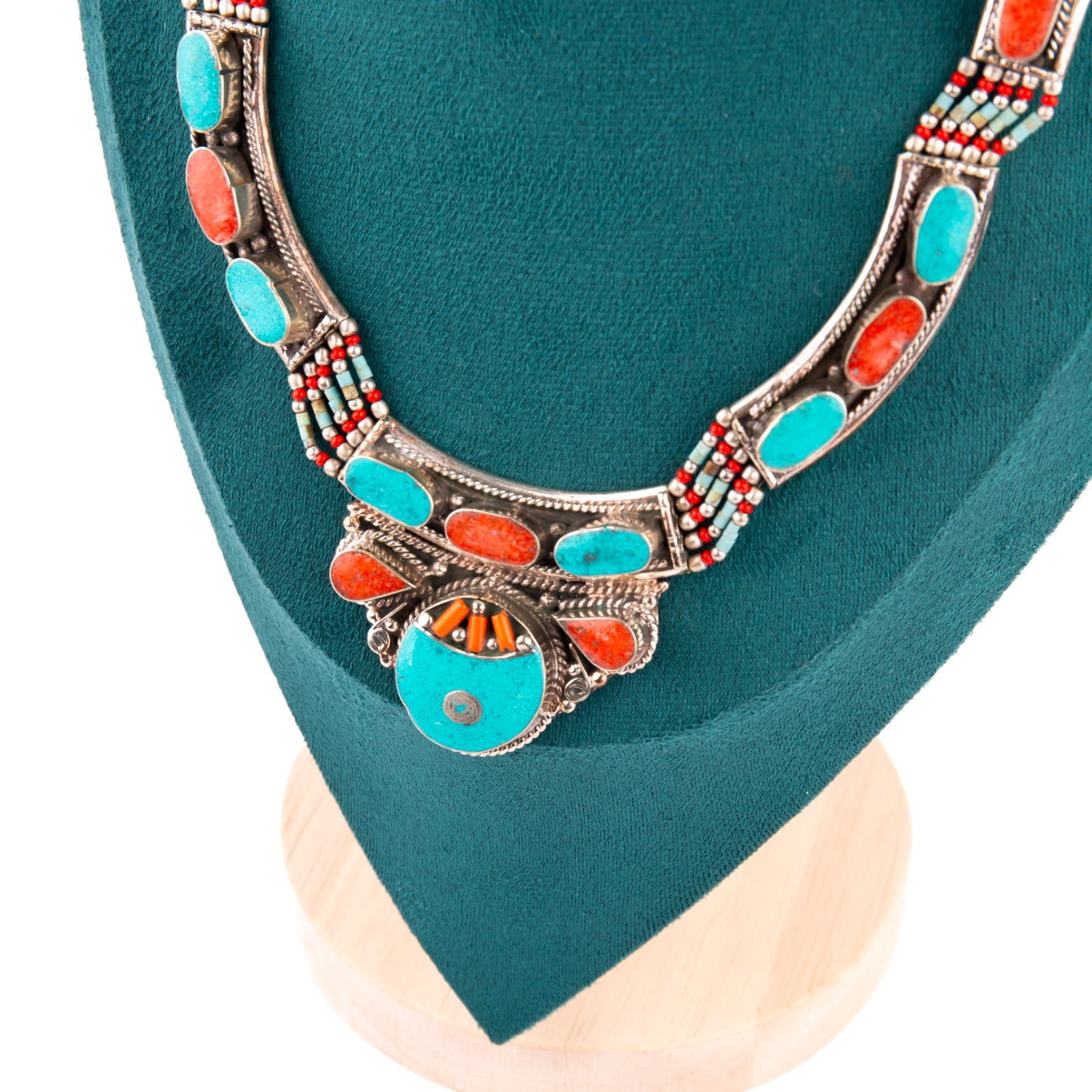 Tibetan Necklace Turquoise Coral Gemstone, Handmade Antique Tribal Statement