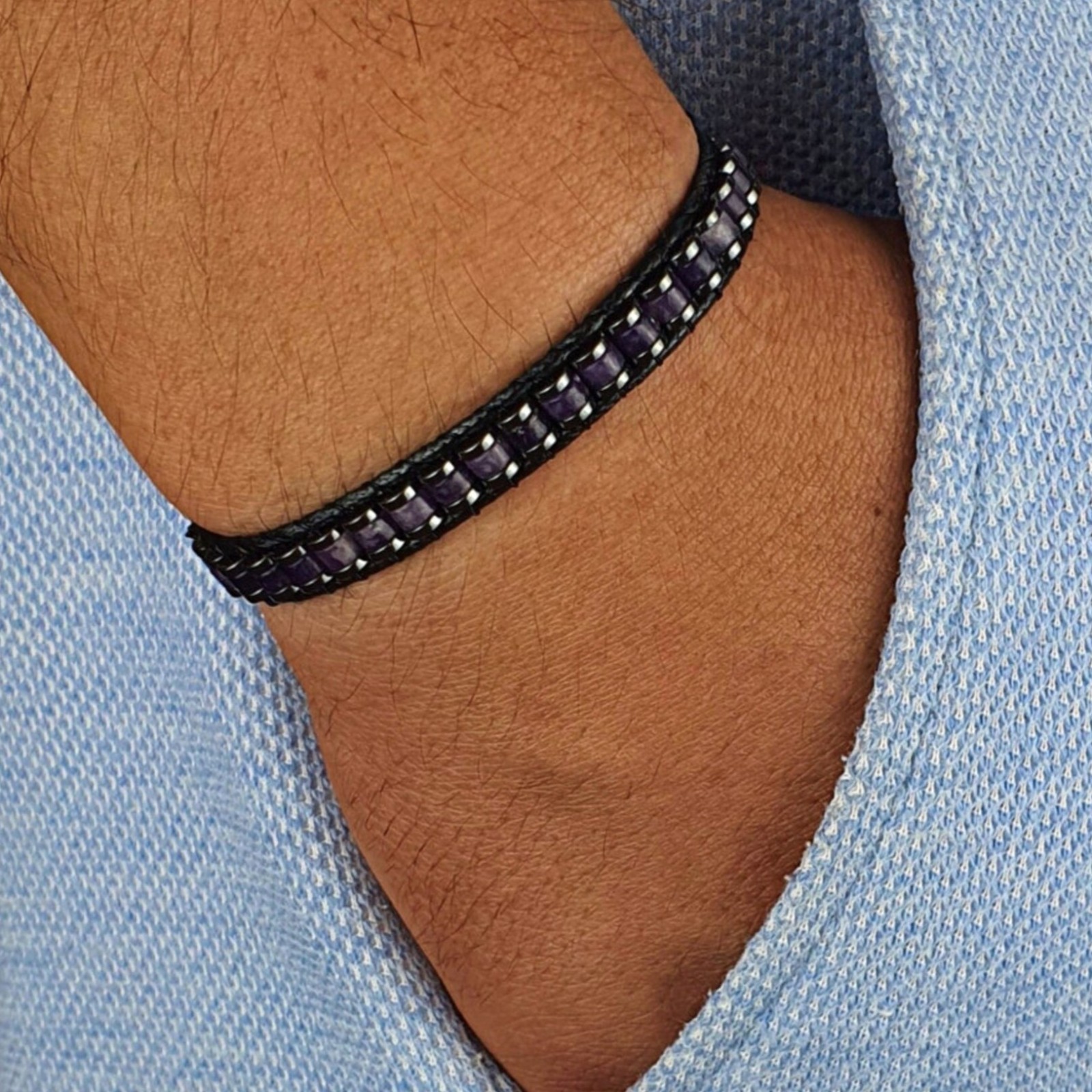 Real Amethyst Leather Crystal Healing Women Men Protection Retro Bracelet Gifts