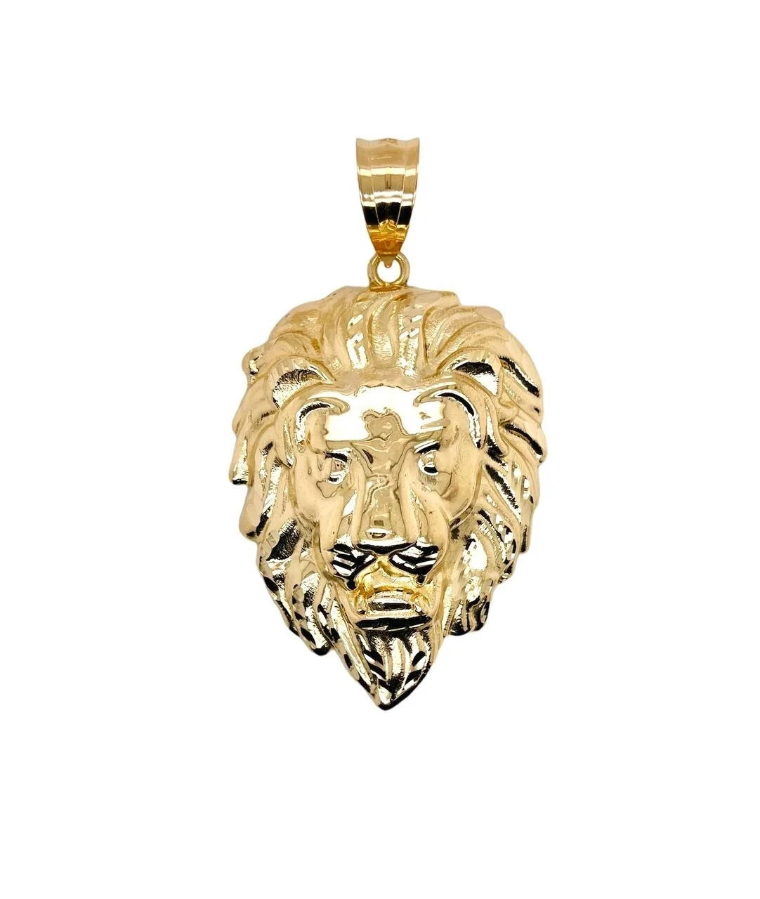 Real 10k Yellow Gold Charm Lion Head Pendant Diamond Cut 1.75″ Mens Stamp 10kt