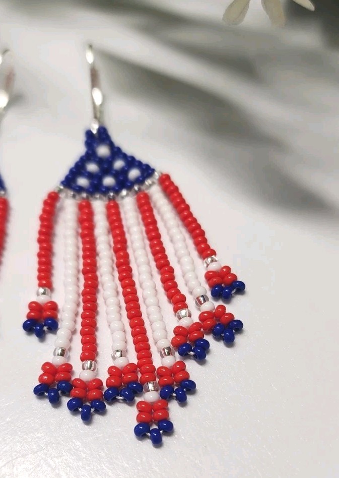 Beaded American Flag Desing Earrings. Handmade. Long 2.8 in.