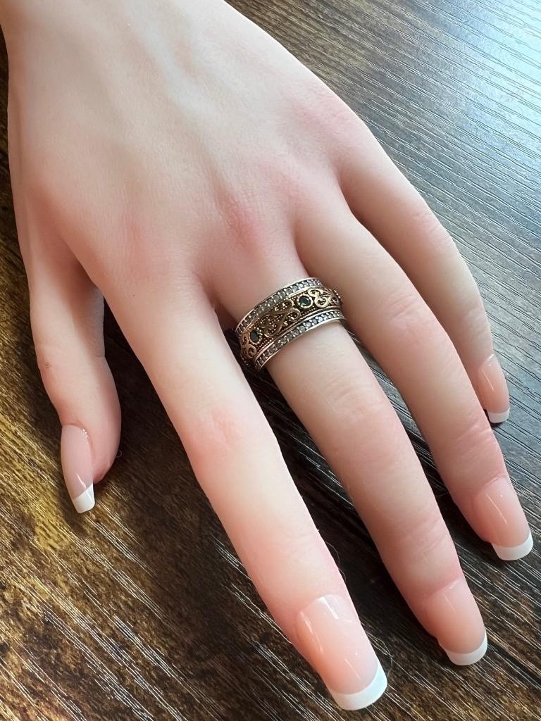 REAL Diamond Emerald SOLID 14K Yellow Gold 925 Wide Band Ring Etruscan Rev SZ 9