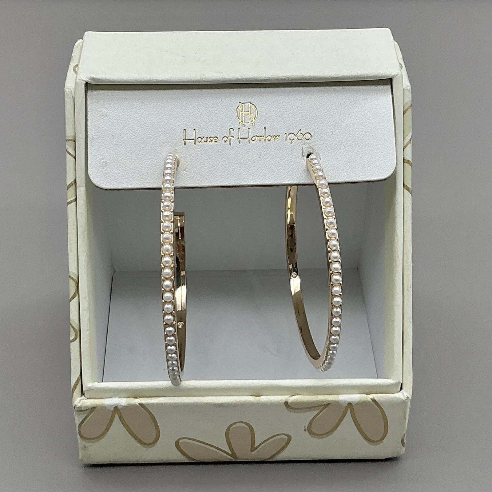 House Of Harlow 1960 Earrings Gold Tone White Imitation Pearl Hoop Womens