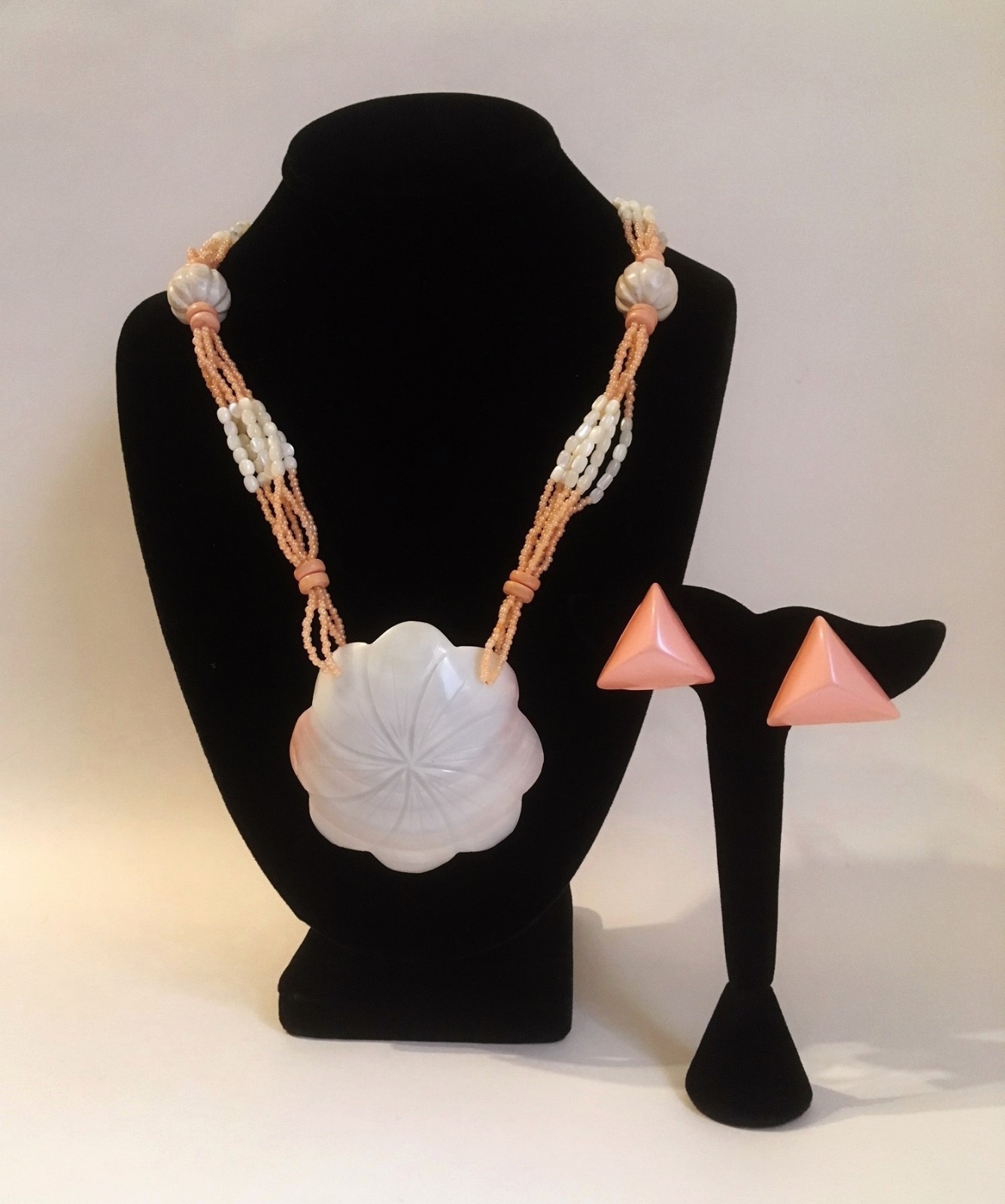 Shell Necklace Earring Set Pendant Pink Off White Beaded Triangle Post Handmade