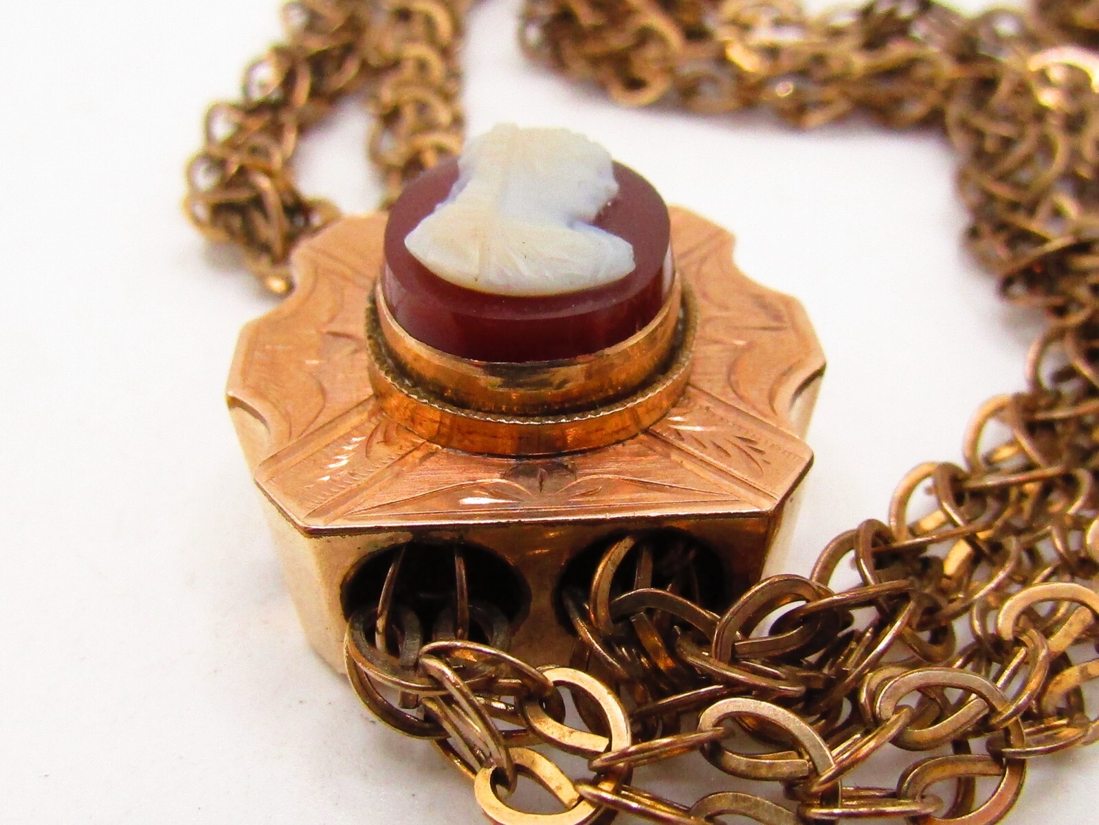 ANTIQUE VICTORIAN LADIES WATCH CHAIN WITH 1OK GOLD CAMEO SLIDE & G.F. CHAIN*