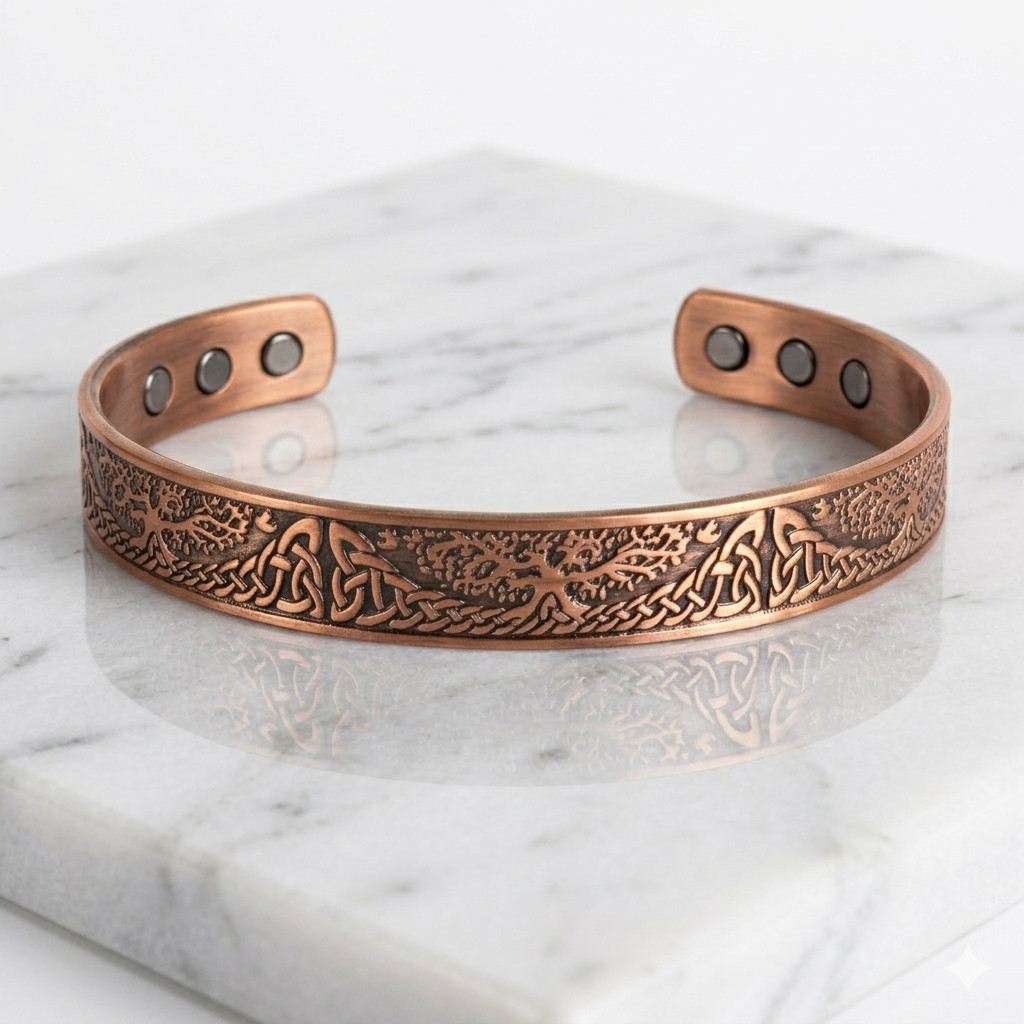 Pure Copper Magnetic 9mm Bracelet Solid Copper 6 Magnets Cuff Tree of Life