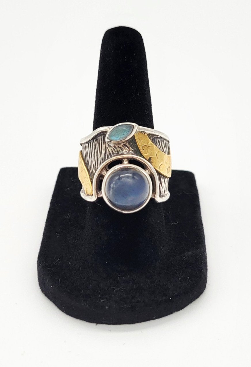 Sterling Silver 925 Moonstone Blue Tourmaline Gold Accent Artisan Ring Sz 7-7.5