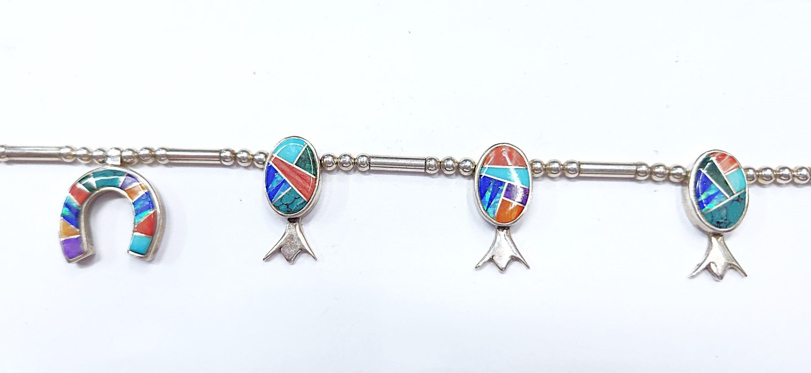 Evangeline Sherman Navajo Multi-Stone Inlay Sterling Squash Blossom Necklace