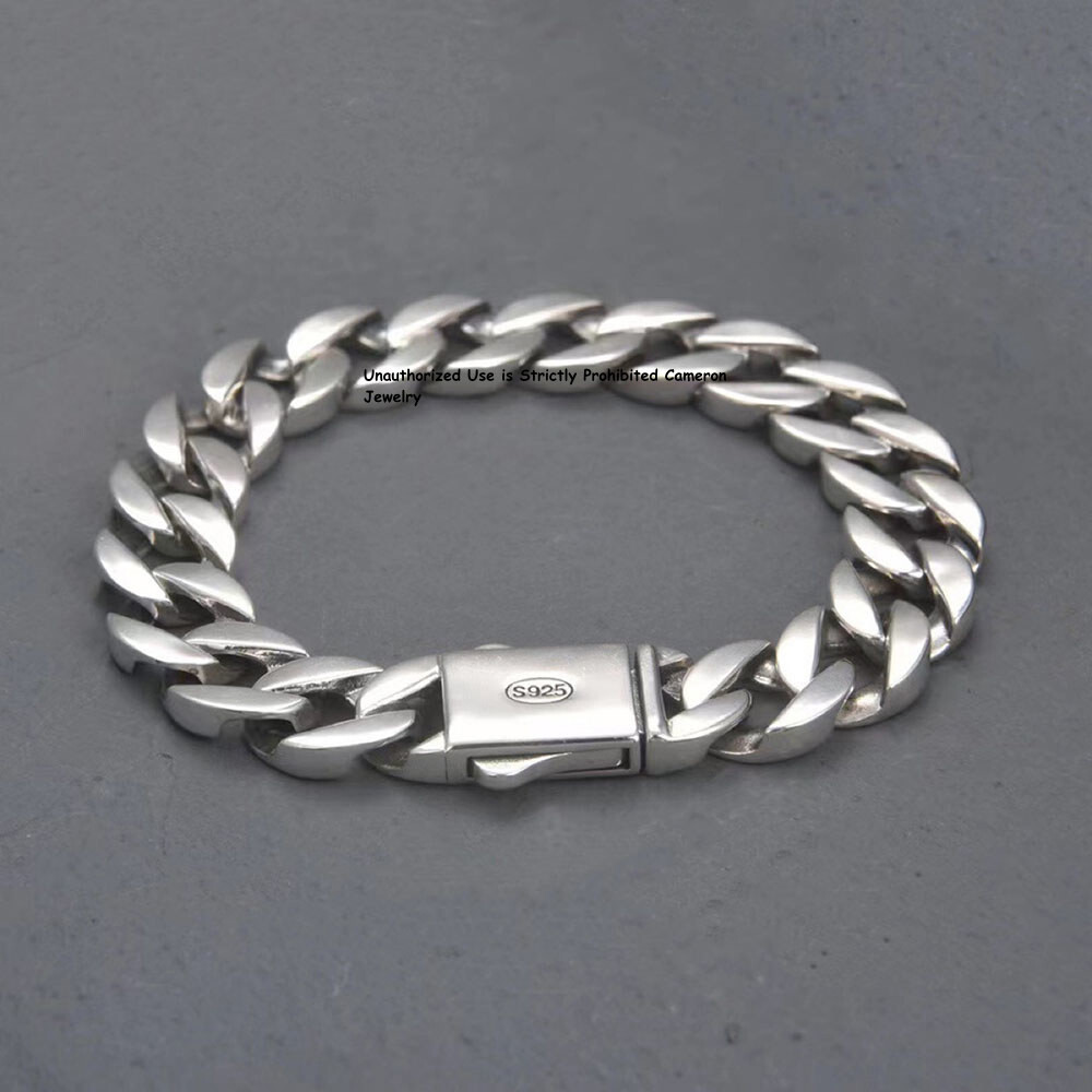 Pure S925 Sterling Silver Chain 13mm Cuban Curb Link Bracelet 7.1-8.7inch