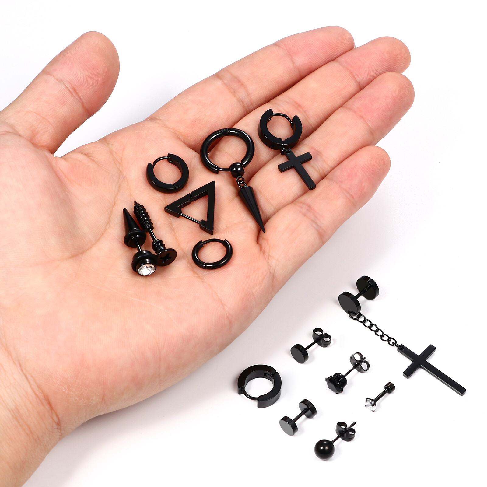 14 pairs Black Stainless Steel Cross Dangle Spike Hoop Earrings Ear Studs Set