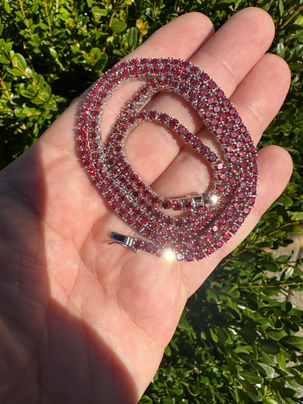 Real Ruby Red MOISSANITE 3mm Tennis Chain 925 Silver Iced Necklace Pass Test