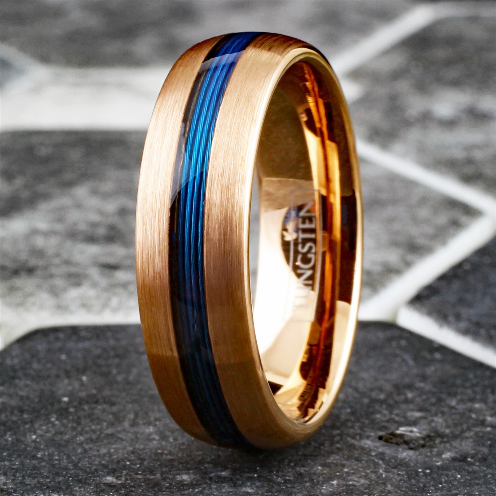 Tungsten Carbide Blue Fishing Line 7mm Brushed Band – Black or Rose Gold Plated