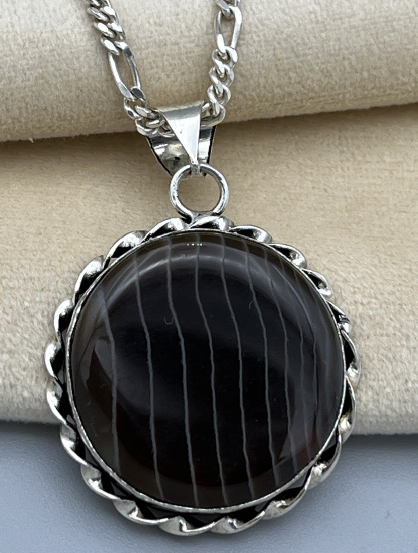 Sterling Silver Banded Agate Sardonyx Pendant Necklace 925 Italy Chain 51cm