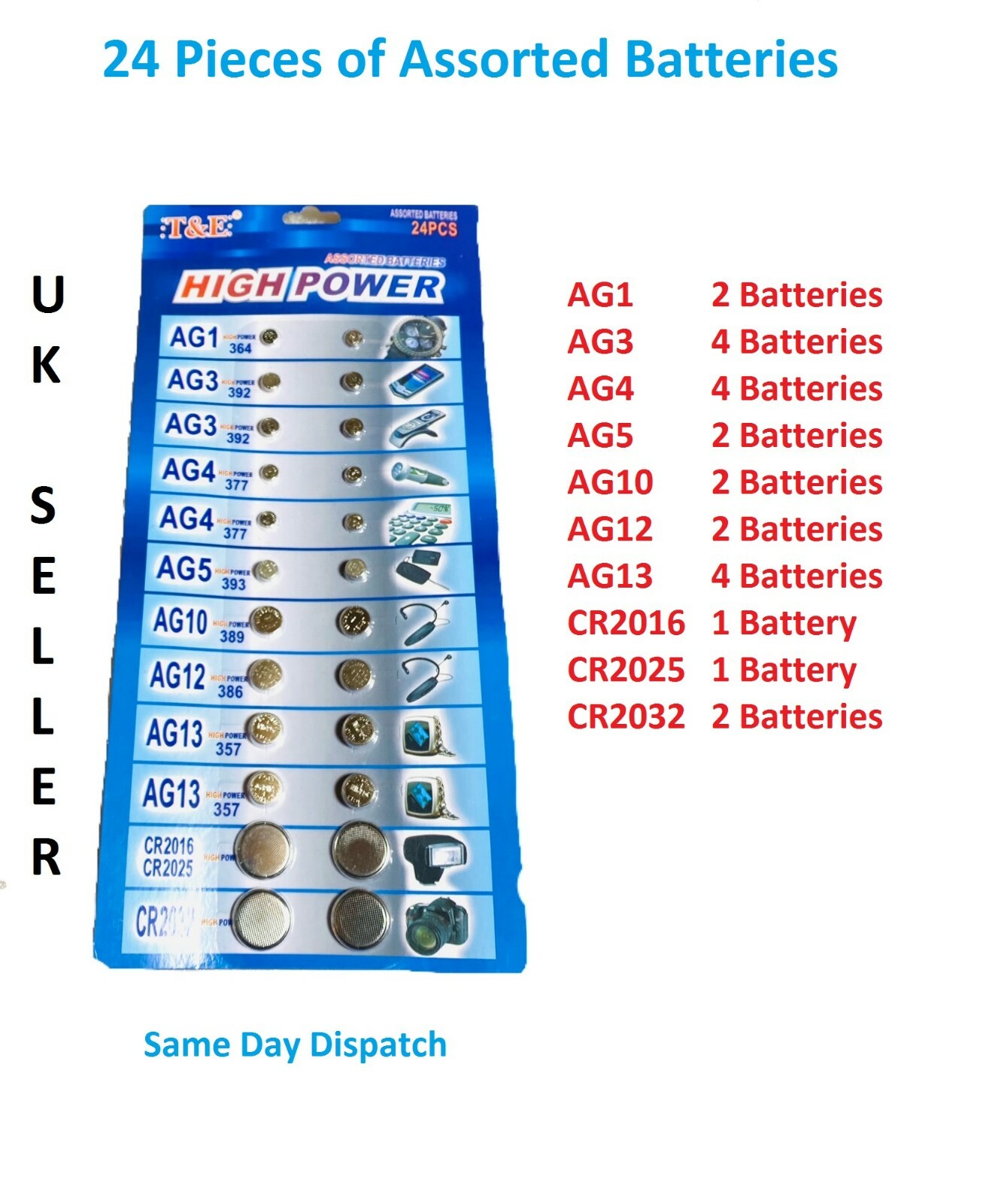 24 X ASSORTED Watch Cell BATTERY Batteries Jewellery AG1, AG3, AG4, AG5, AG10, A