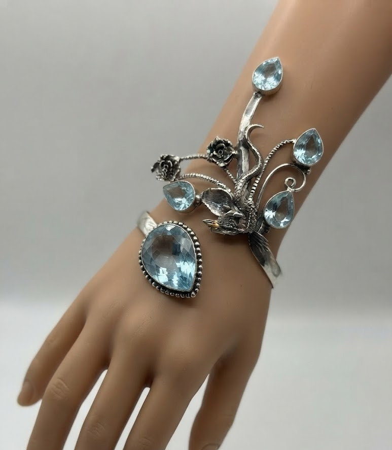 Aquamarine Gemstone Cuff Bracelet 925 Sterling Silver Artisan Jewelry ADJ