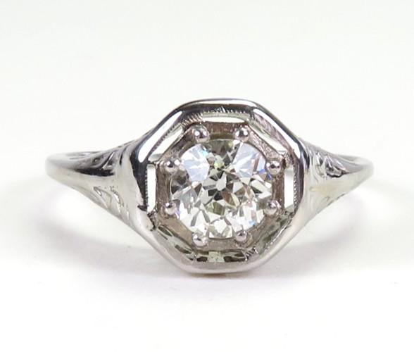 Antique Art Deco Diamond Engagement 18K White Gold Ring Size 6.5 UK-M1/2 EGL USA