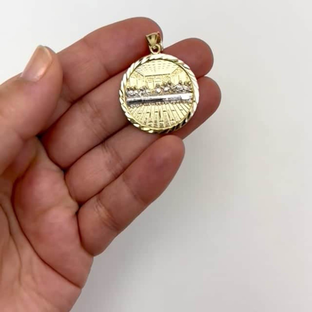 10K Gold Two-Tone Yellow White Textured Last Supper Pendant 1.45″