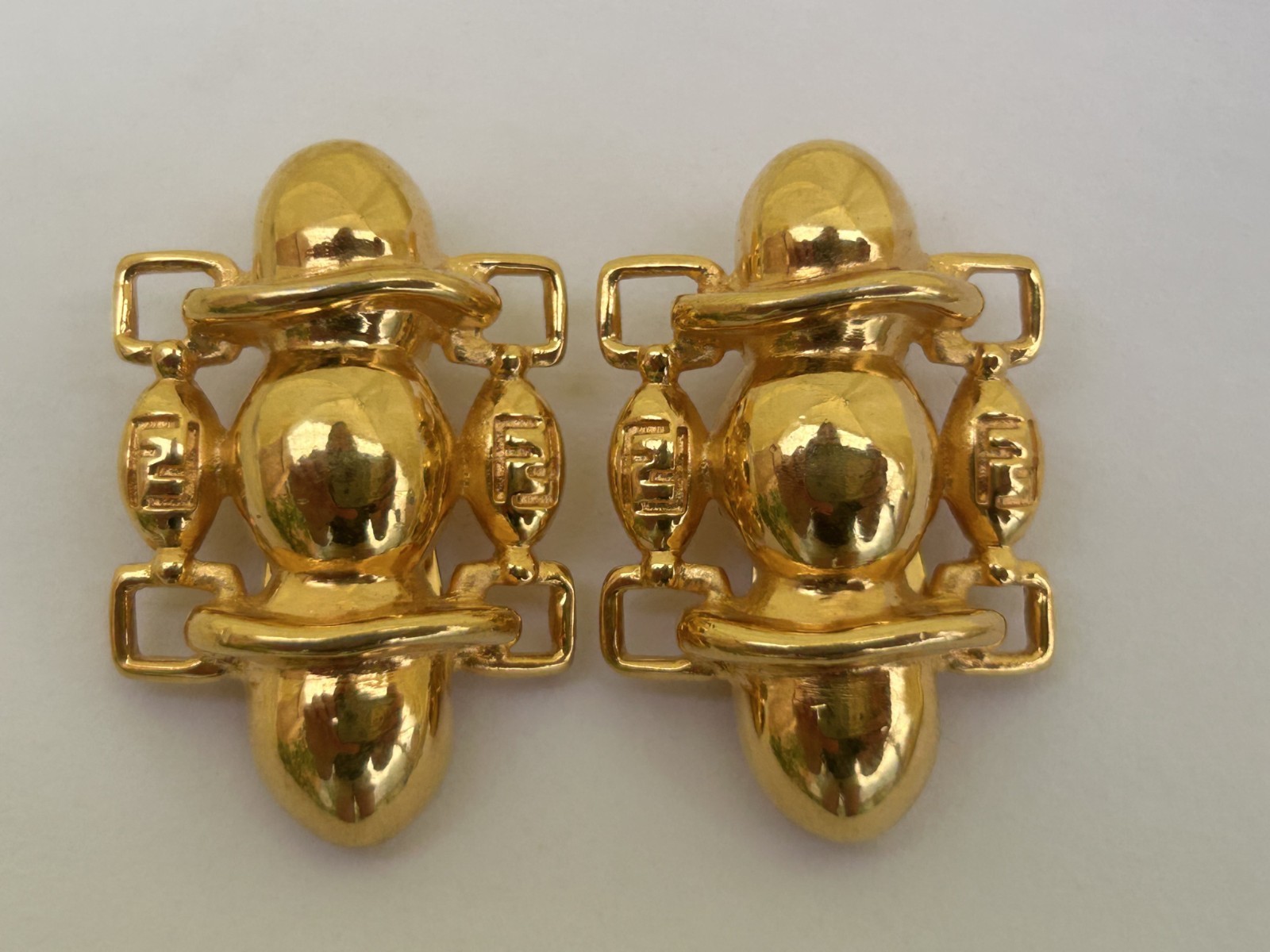 Vintage Signed Fendi FF Logo Clip On Earrings Gold Tone Authentic!