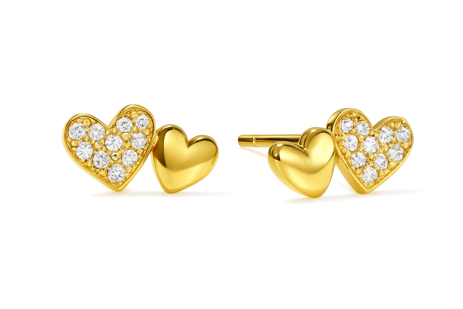 9ct Yellow Gold & Silver Double Heart Cut Solitaire Stud Earrings 6mm and 4mm