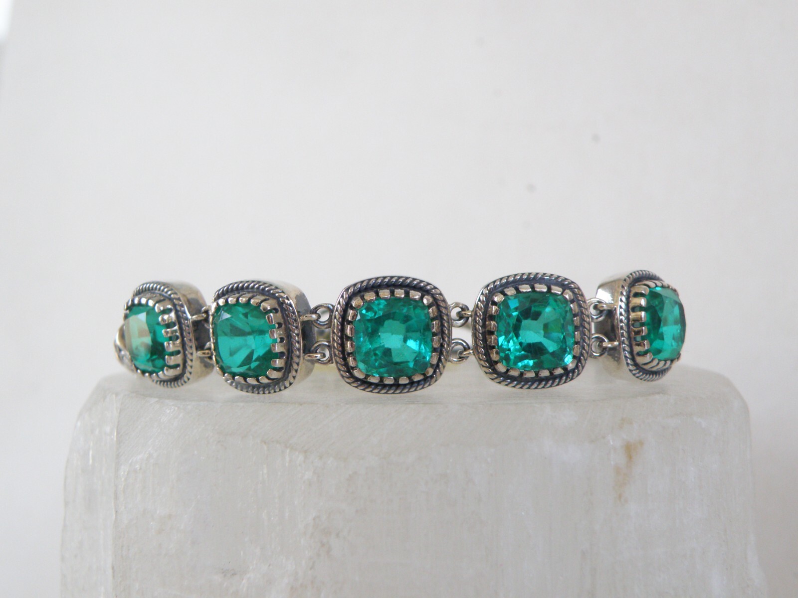 Sterling Silver 925 Green Fluorite Gemstone Tennis Station Bracelet