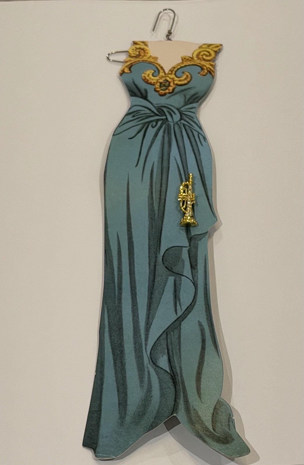 Sophie’s Closet blue Grecian gown greeting card and gold gemmed trumpet brooch