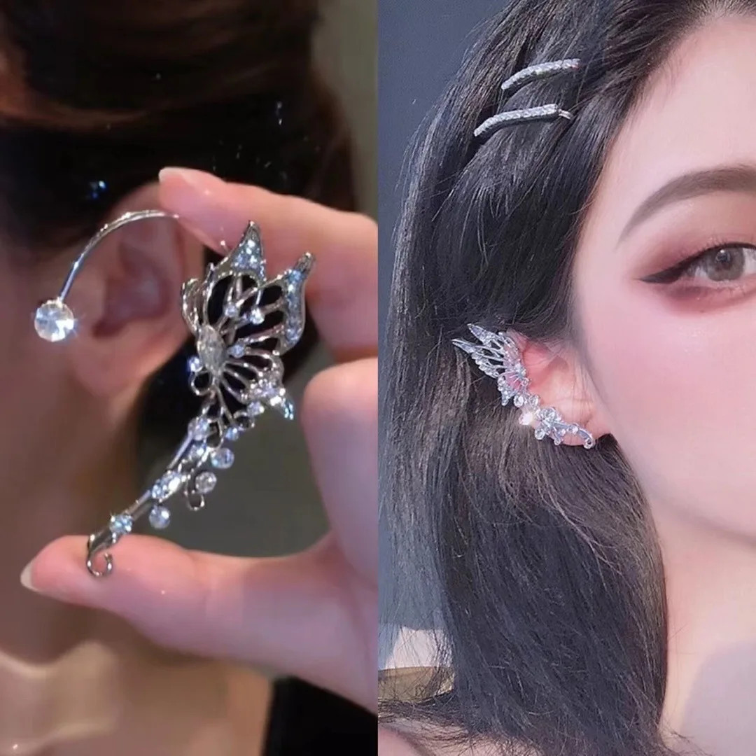 Korean Fashion Zircon Butterfly Elf Ear Cuff for Women Sparkling Zircon Crystal
