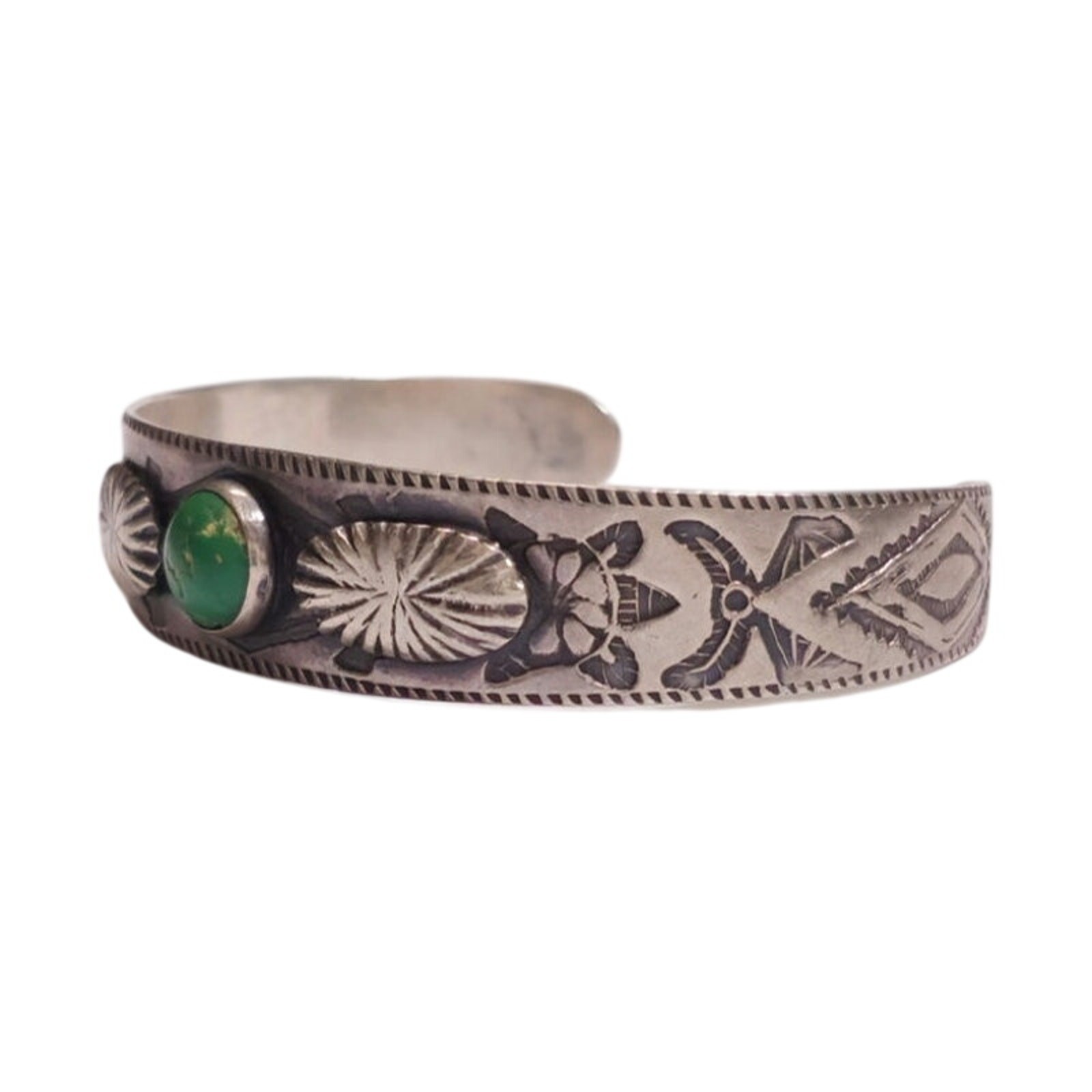 Vintage Fred Harvey Era Sterling Silver Turquoise Stampwork Cuff Bracelet