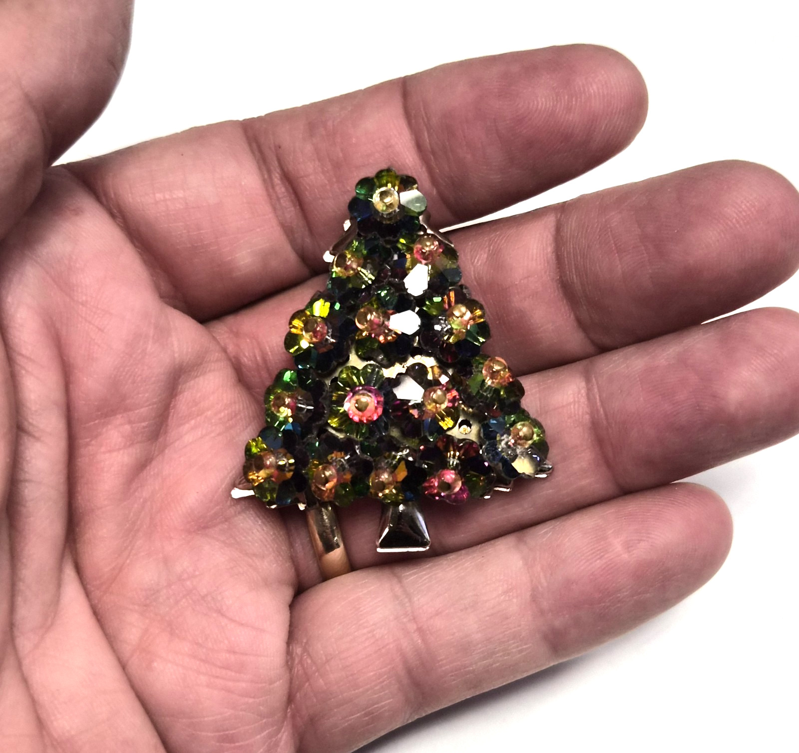 Vintage 60’s Watermelon Rivoli Crystal Bead Christmas Tree Pin / Brooch