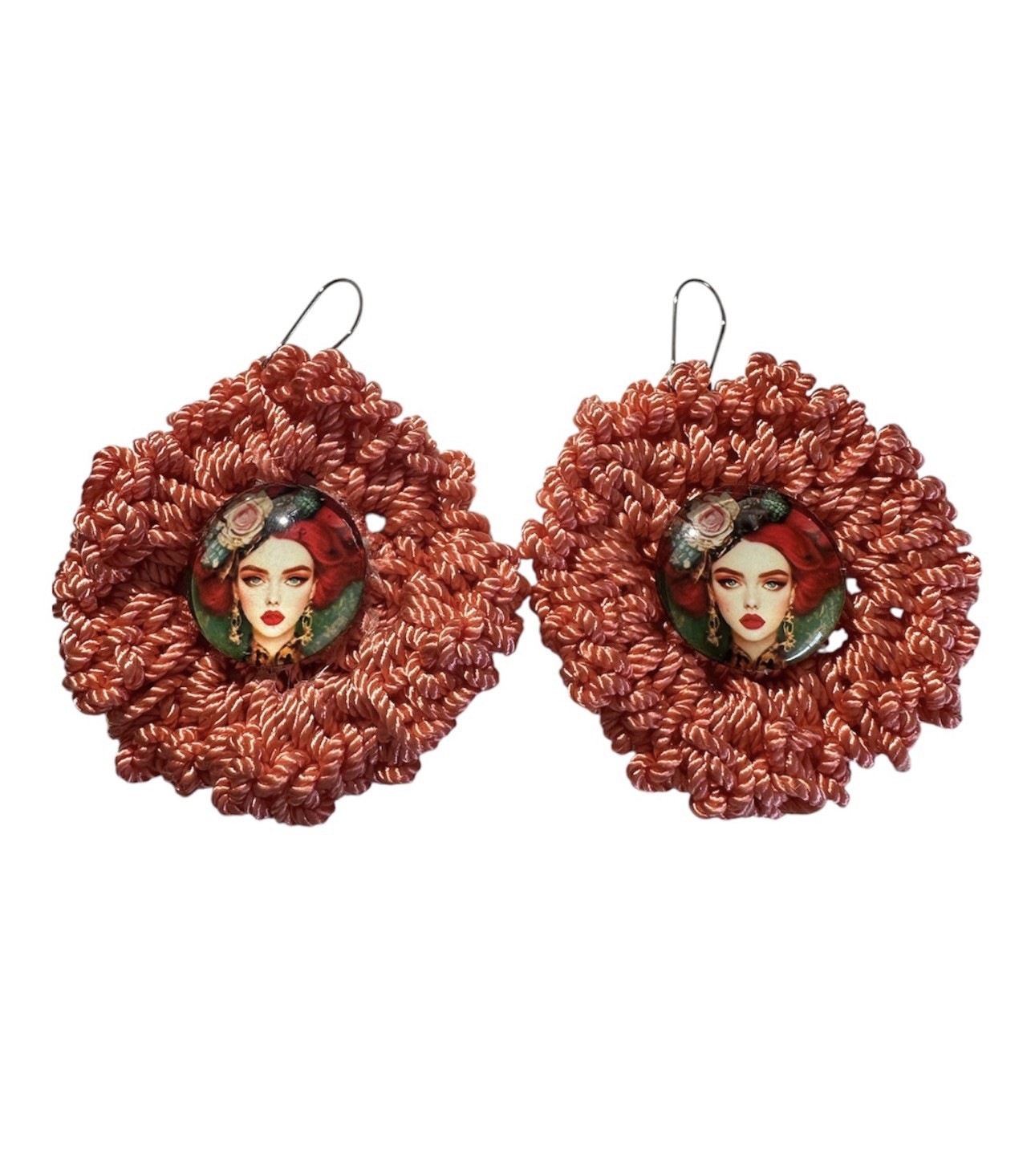 Earrings Crochet Cabochon Boho Woman Designer Fashion “ Hand Knits 2 Love” Hip
