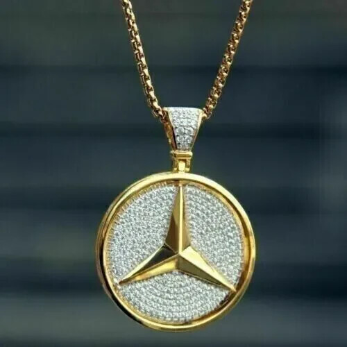 3Ct Round Lab-Created Diamond Mercedes Benz Men’s Pendant 14k Yellow Gold Plated