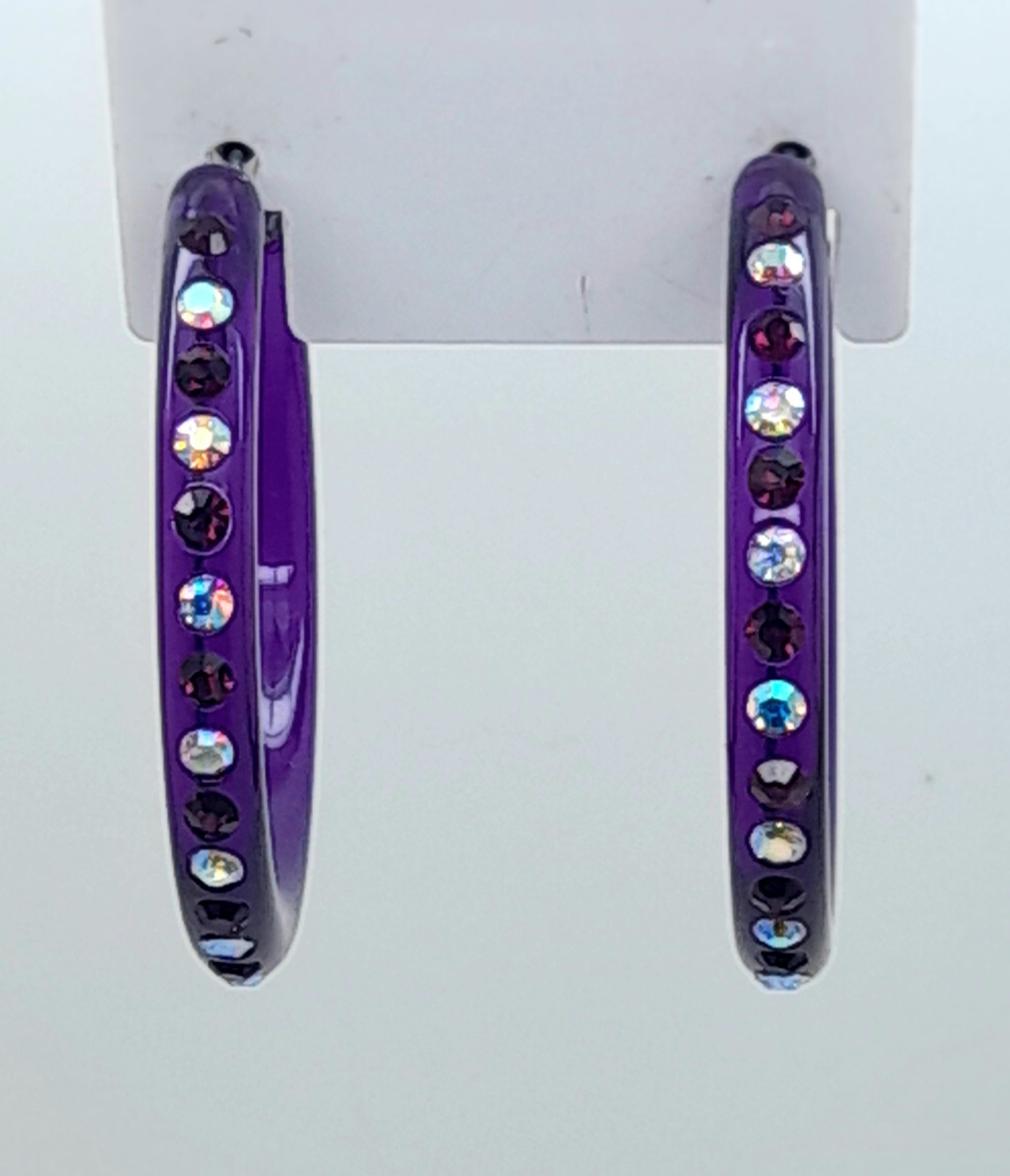 SLIM CLEAR PURPLE PLASTIC HOOP WITH PURPLE & AB RHINESTONE FASHION EARRINGS