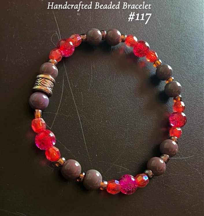 Handcrafted Handmade Red/Gray Glass Beaded Bracelet #117, Unisex, Round Beads