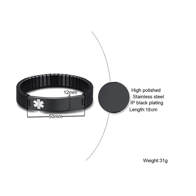Men Medical Alert ID Spring Stretch Bracelet Armband Personalized Free Engraving