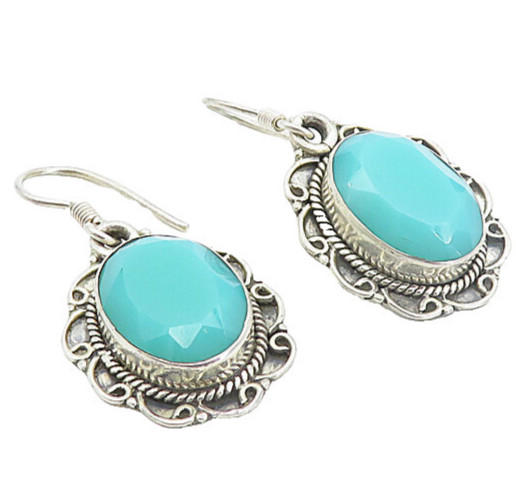 925 Sterling Silver Vintage Aqua Chalcedony Swirl Dangle Earrings EG3619