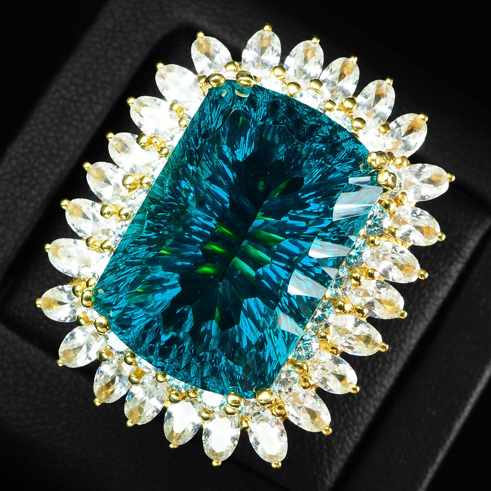 Blue Green Tourmaline Concave 33.5Ct 925 Sterling Silver 24K Gold Ring Size 6.75