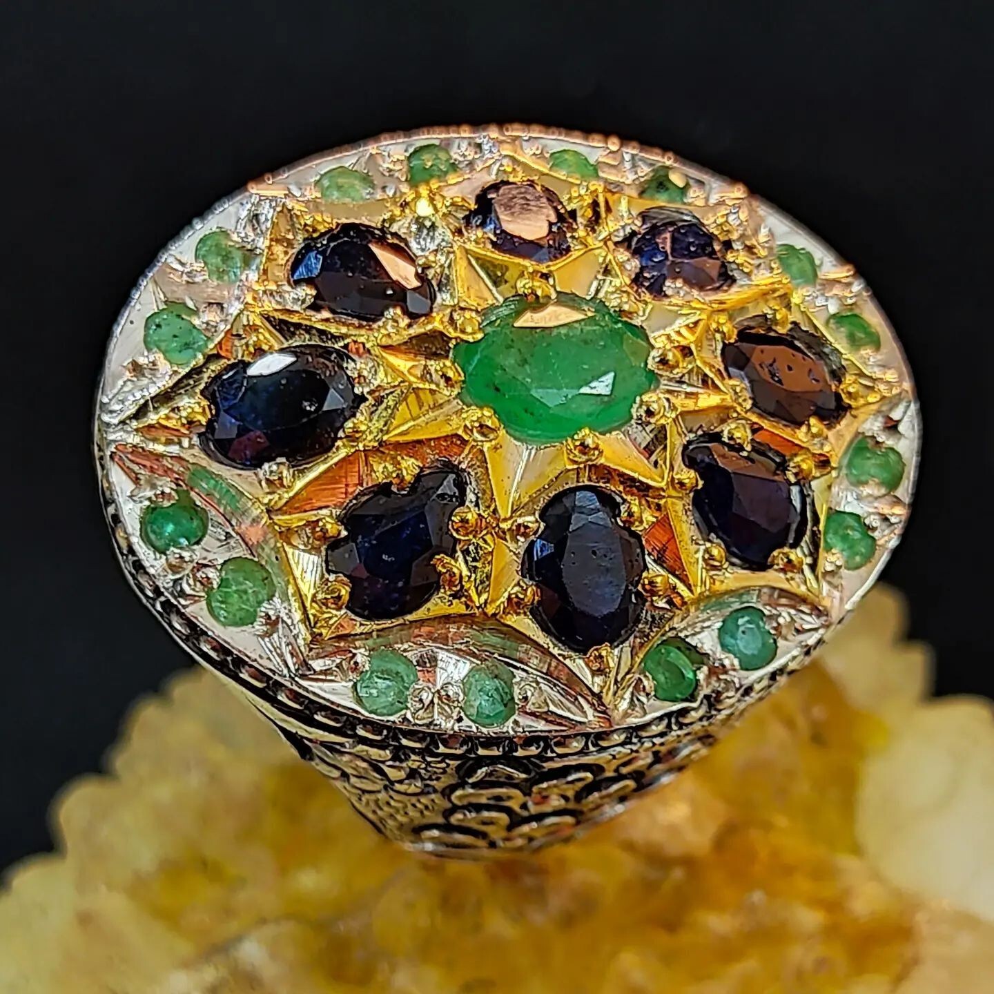 Natural Emerald Stones with Sapphire Stones Ring Multi Stones Handmade Ring