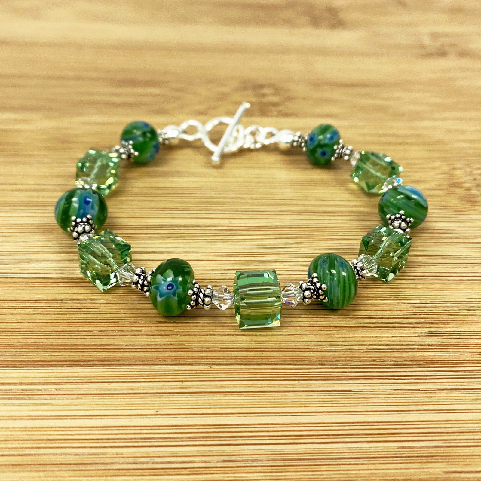 Green Millefiori Glass & Austrian Crystals 925 Sterling Silver 7.5 inch Long Bra