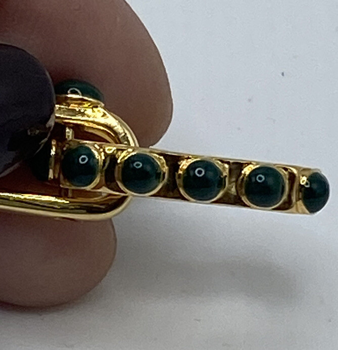 Gold Tone Double Link Chunky Rectangle Drop Earrings Green Stones 80s Statement